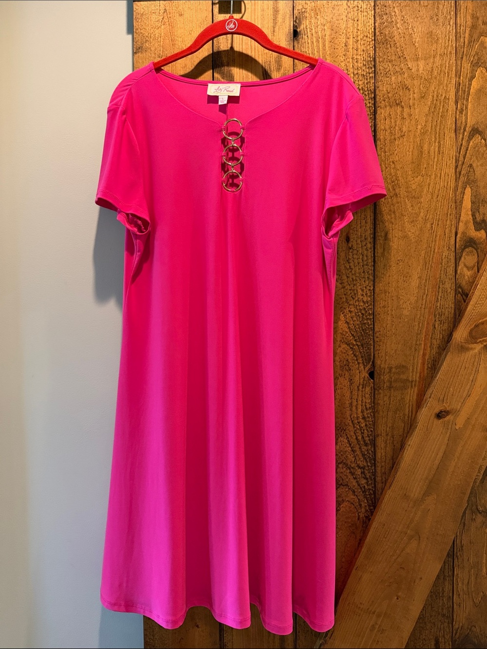 Women's Casual Short-Sleeve A-Line Dress with Ring Accent - Bright Pink